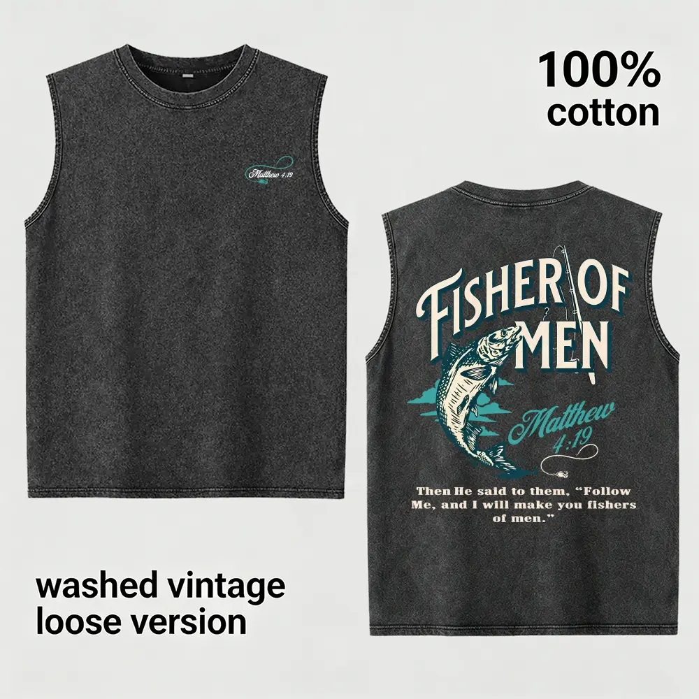 Fisher of Men Matthew 419 Vintage Vest Christian Fishing Faith Vest, Retro Christian Fisher of Men Fish Pole Vest Matthew 419 Faith Oversized Top, Men's Wear