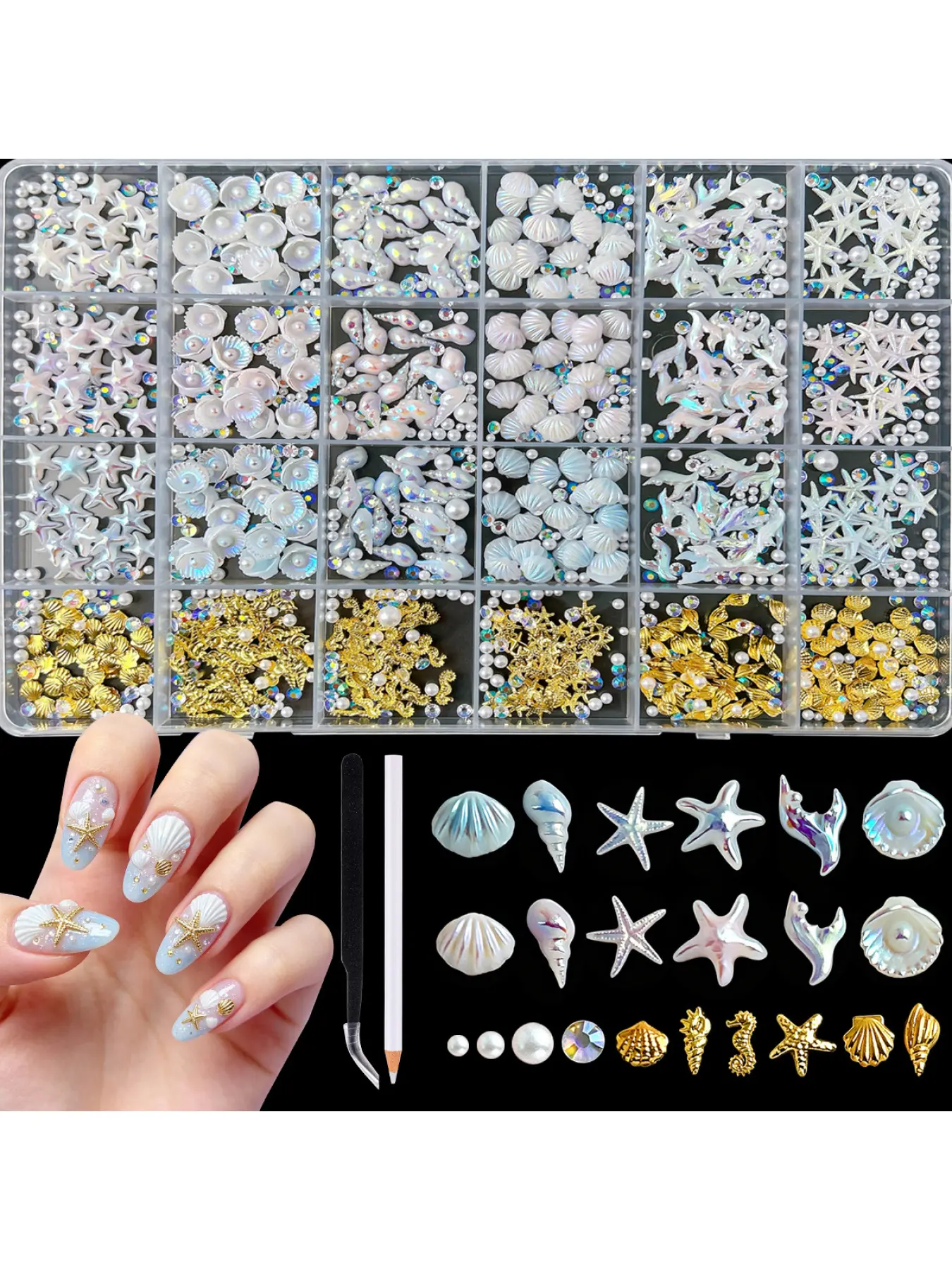 24 grid super cost-effective ocean style nail decoration set, colorful shell, starfish, pearl mixed DIY nail drill jewelry accessories