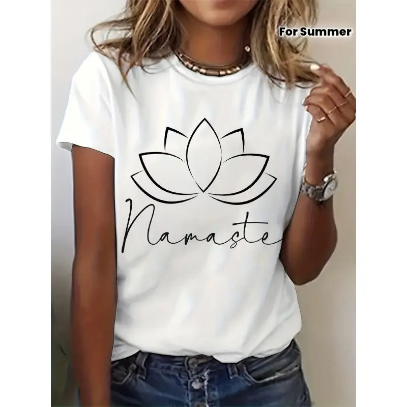 Lotus Namaste Pattern Printed Women Short Sleeve Round Neck Casual T Shirt Top Spring Summer Yoga Festival Streetwear,unisex,backless,athletic,special,fishing,tshirt,everyday,Monaco,Jack,sleeveless,long,leopard,training,floral,friend,,high-quality