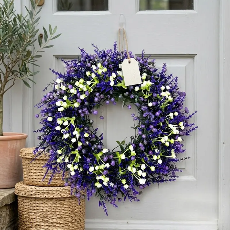 Lavender Starburst Artificial Flower Wreath Hanging Decor, Front Door Decoration, Home Wedding Outdoor Event Decor, Battery-Free, Elegant Design