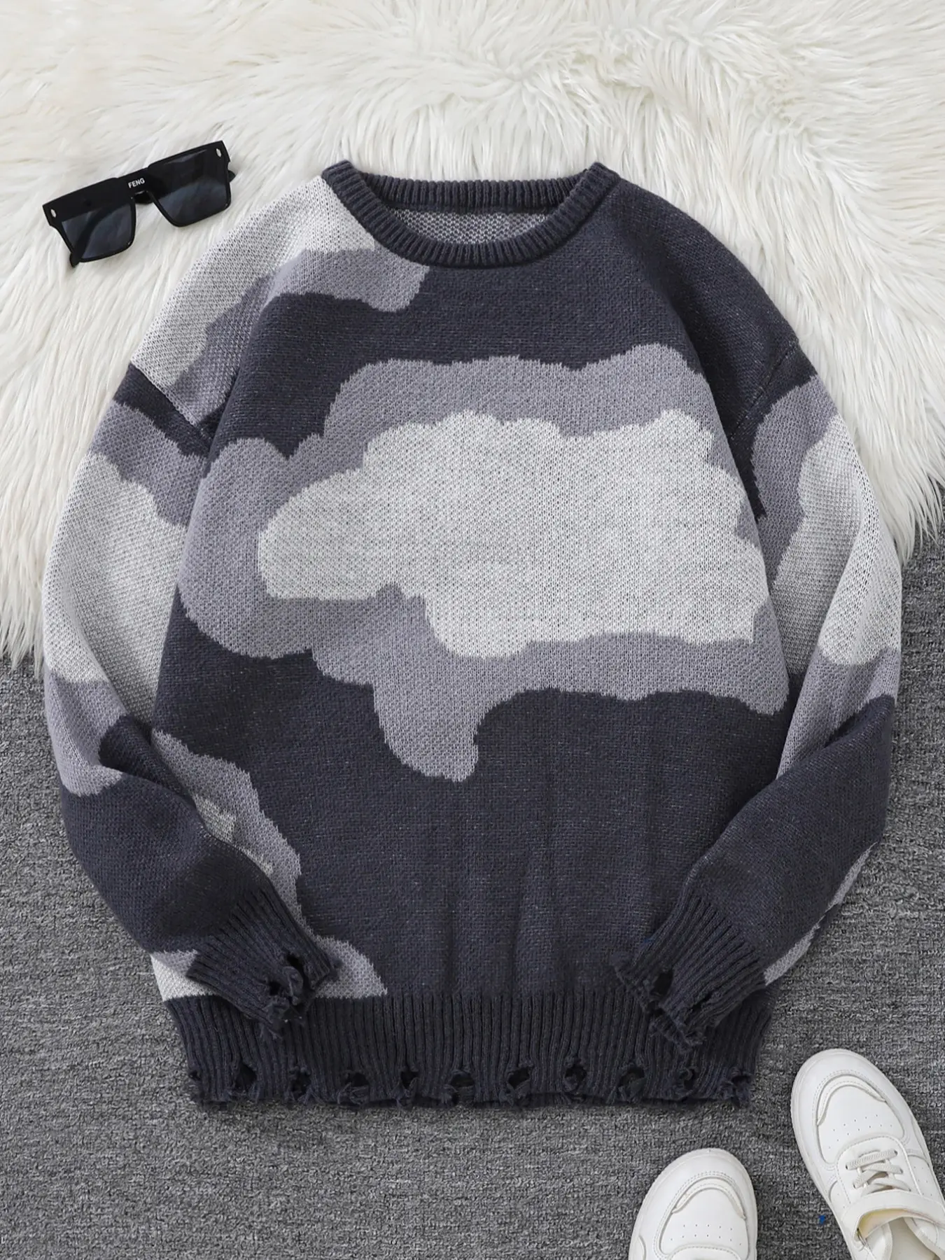 New Trendy Fall Winter Cloud Jacquard Knit Sweater, Casual Round Neck Long Sleeve Fitted Pullover for Men, Fashion Street Style Design