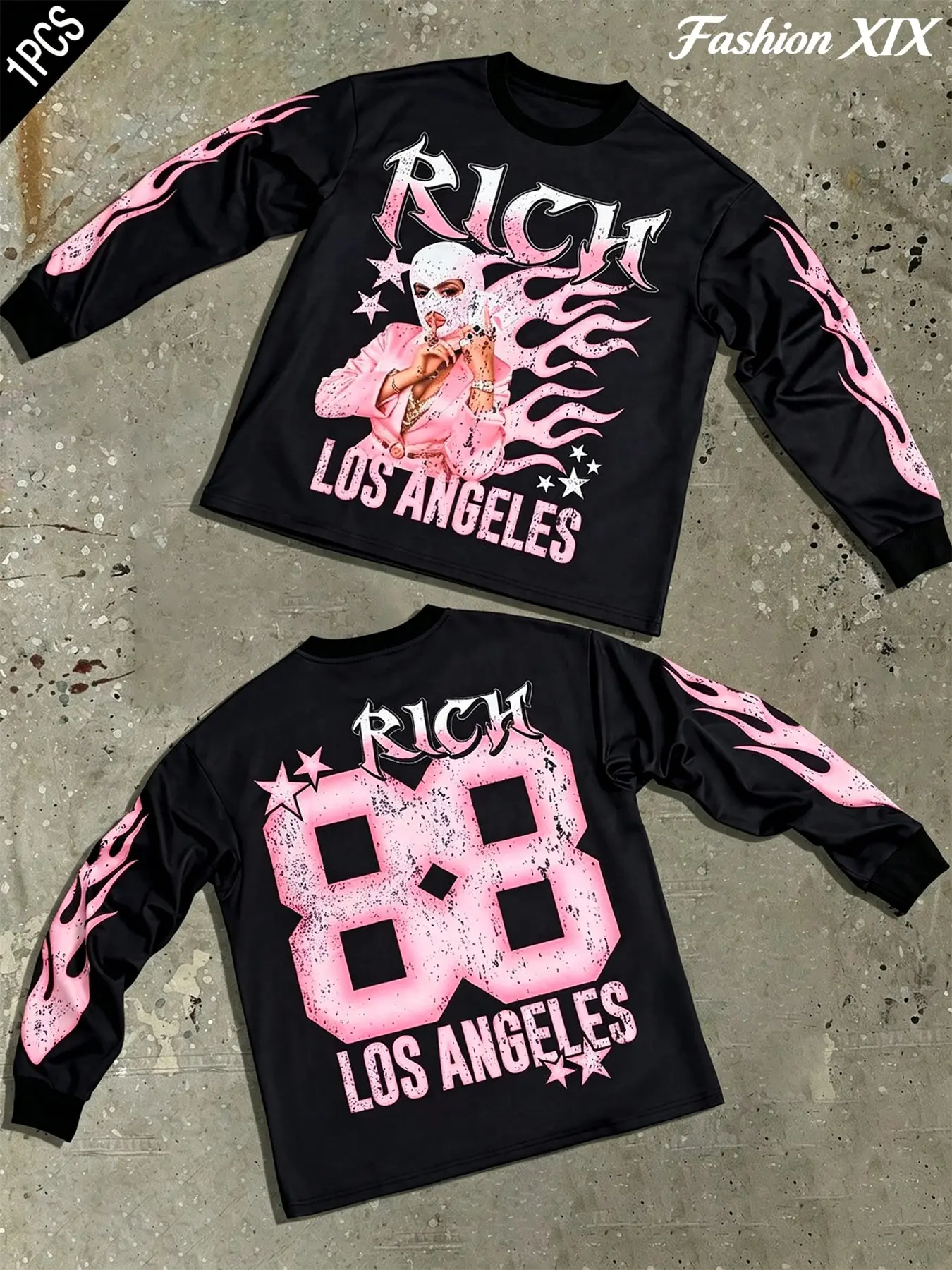 WOMEN MEN 4 SEASONS OVERSIZED BAGGY CREW NECK LONG SLEEVE T SHIRT PINK FLAME SKI MASK RICH LOS ANGELES 88 GRAPHIC TEES VINTAGE DISTRESSED Y2K STREETWEAR LOOSE FIT CASUAL DAILY OUTFIT RARE AESTHETIC LONG SLEEVE TOPS