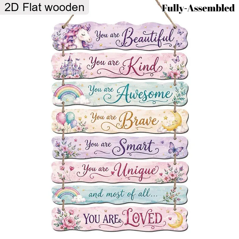2D Flat Wooden Wall Decor -  Cute Pastel Unicorn Rainbow 'You Are Loved' Signs for Girls' Bedroom, Classroom, and Playroom - Beautiful Home Decoration for Living Room and Bathroom