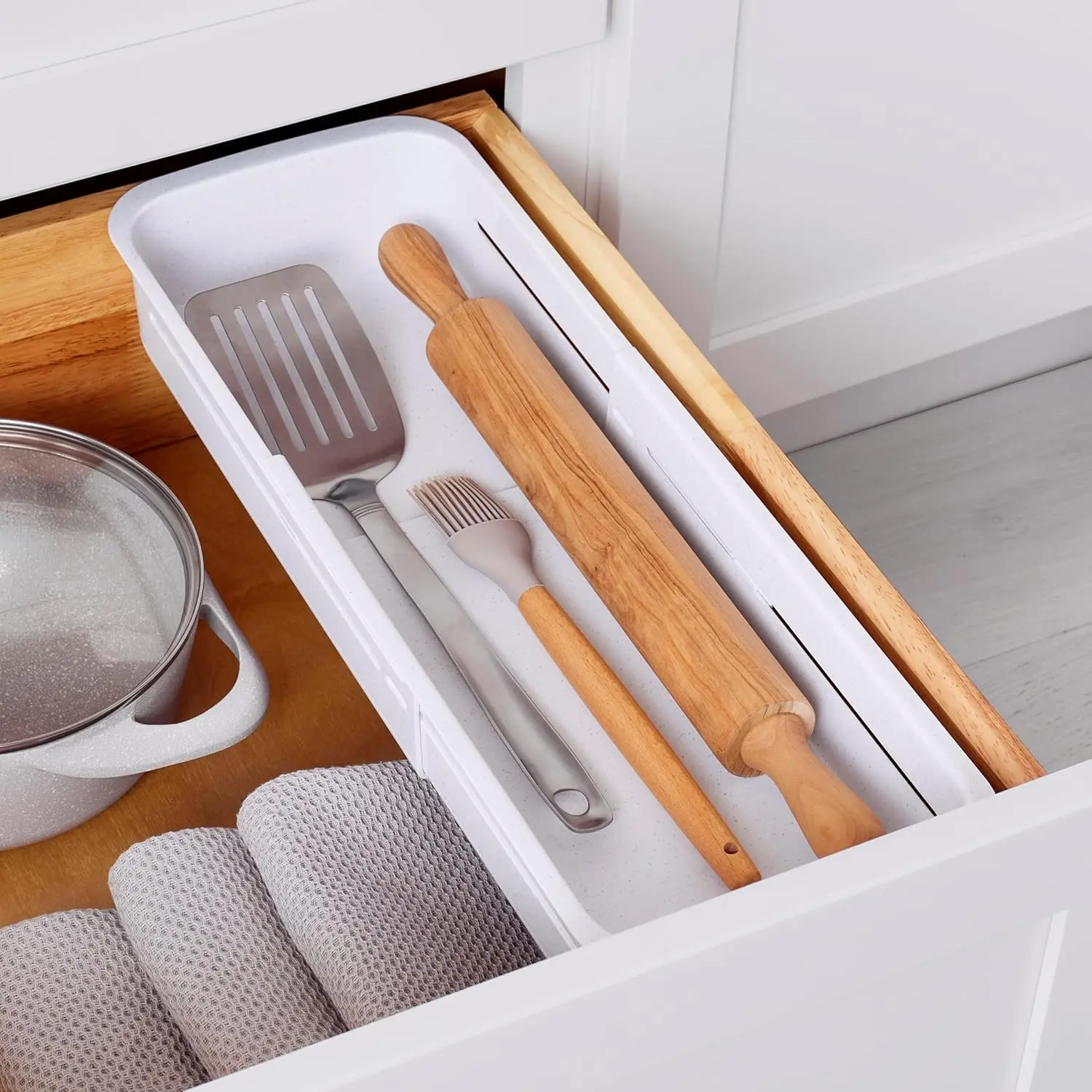 DrawerFit® Sliding Drawer Bin, Expandable and Adjustable Kitchen Storage Organizer, Speckled White
