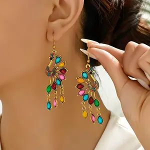 1 Pair Arabic-Style Multicolor Stone Peacock Tassel Dangle Earrings for Women & Teen - Middle-Eastern Ramadan Jewelry with Synthetic Stones, Elegant Cultural for Eid, Weddings & Daily Wear, Year-Round Arabic Style (not