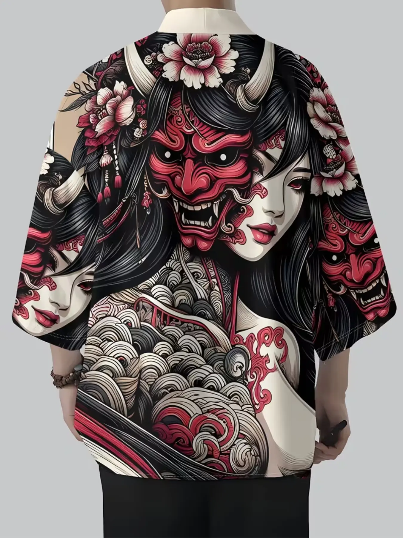 Japanese Ukiyo-E Oni Mask Geisha Wave Print Men's Kimono Jacket, Three-Quarter Sleeve Traditional Style Open Front Coat