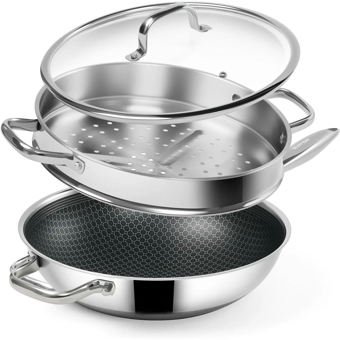 Hybrid 12-Inch Wok with Steamer,Nonstick Stainless Steel Woks & Stir-fry pans with Lid,Stay-Cool Handle,PFOA Free Cookware,Dishwasher and Oven Safe, Works on Induction