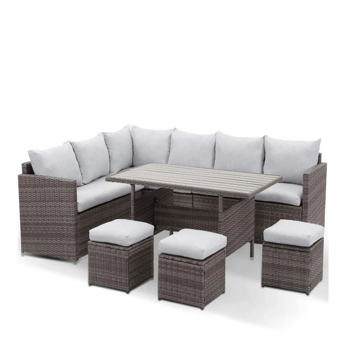 Aobtkel Large Cushioned Rattan 7-Piece Outdoor Dining Set - 9-Seat Sectional Sofa with Ottomans & Dining Table, Porch Fit for Backyard Garden, Modern
