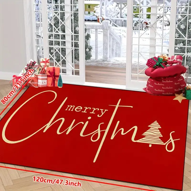 Flannel Floor Mat in festive red Christmas design, featuring a golden tree and "Merry Christmas" pattern - non-slip, machine washable, suitable for indoor and outdoor entrances, ideal for home decoration, holiday photo props, and gifts