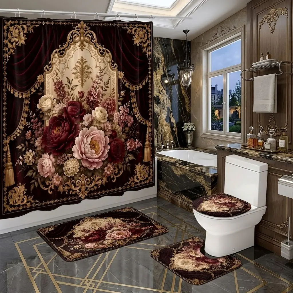 4pcs Vintage Burgundy Curtain Golden Ornament Peony Floral Baroque Print Shower Curtain Set, Royal Victorian Bathroom Kit with Toilet Lid Cover & Matching Floor Mats, The floor mat fabric is thicker and softer! Elegant Luxury Home Bathroom Decor