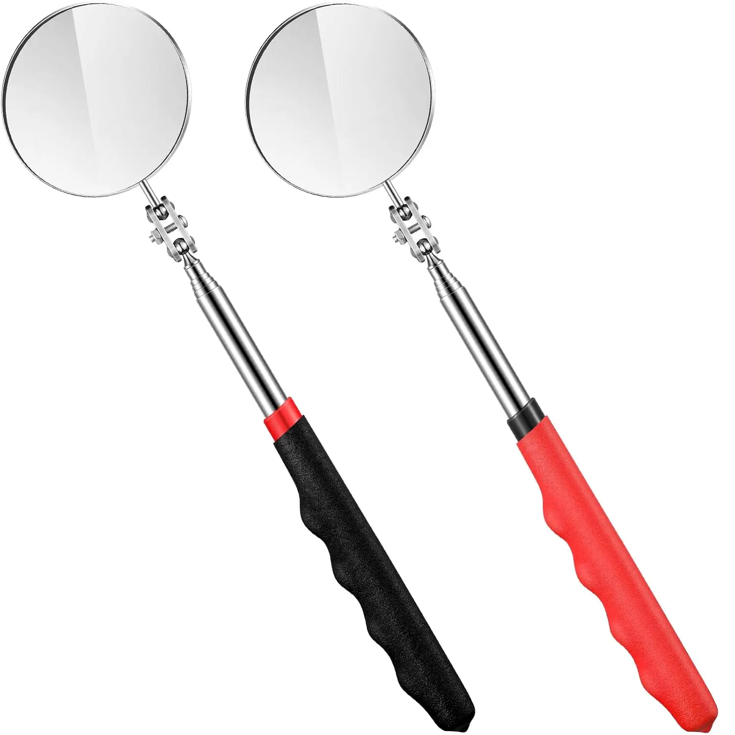 2 count Telescoping Inspection Mirrors, Mechanics Mirror Tool with Long Handle, Round Extendable Mirror  a Stick for Technicians Mechanics Contractors Checking Observation(50mm,Black,Red)
