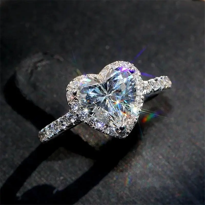 Women's Sterling Silver Cute Female Heart-Shaped Cubic Zirconia Halo Pave Set Ring - Adjustable Engagement Promise Proposal Jewelry, Vintage Trendy All-Match Daily Wear Fashion Accessory