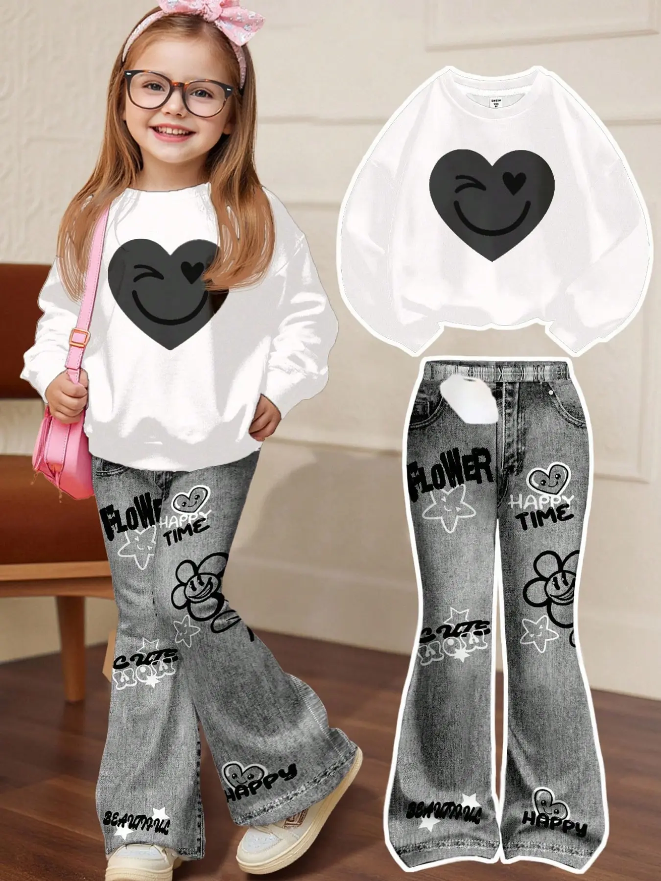 Girls' Hoodie and Bell Bottoms Set, Trendy Sweet Cool Heart Smile Print Denim Graffiti Pants, Outdoor Playwear for Kids