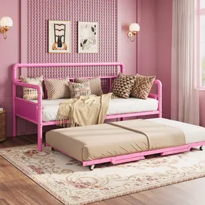 Twin Daybed and Foldable Metal Trundle Bed – Metal Twin Bed Frame with Heavy Duty Steel Slats Support – Sofa Bed Frame for Living Room, Guest Room – Noise Free – Pastel Pink