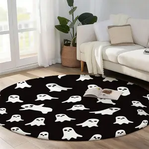 1pc Ins Style Black White Ghost Round Rug, Allover Multiple Expression Cute Spooky Ghost Print Doormat, Non Slip Wear Resistant Nordic Style Bedroom Entryway Halloween Home Decor Floor Mat