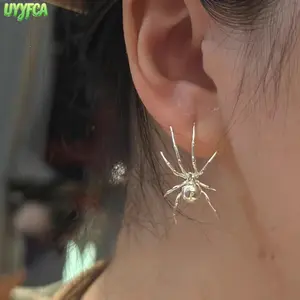 Vintage Handmade Gothic Spider Hook Earrings For Women, Polished Metallic Gothic Alt Piercing Jewelry, Lightweight Curved Wire Back Design, Anti Tarnish Statement Ear Decor For Y2K Street Outfit Halloween Party Daily  Gothic Aesthetic Accessory,Summerwins