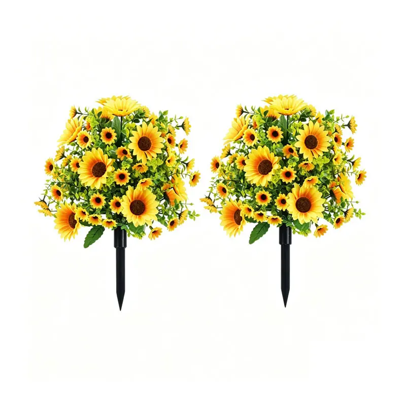 Colorful artificial sunflowers are arranged in rows, suitable for indoor/outdoor decoration in homes. No maintenance required. Elegant floral design of artificial flowers.