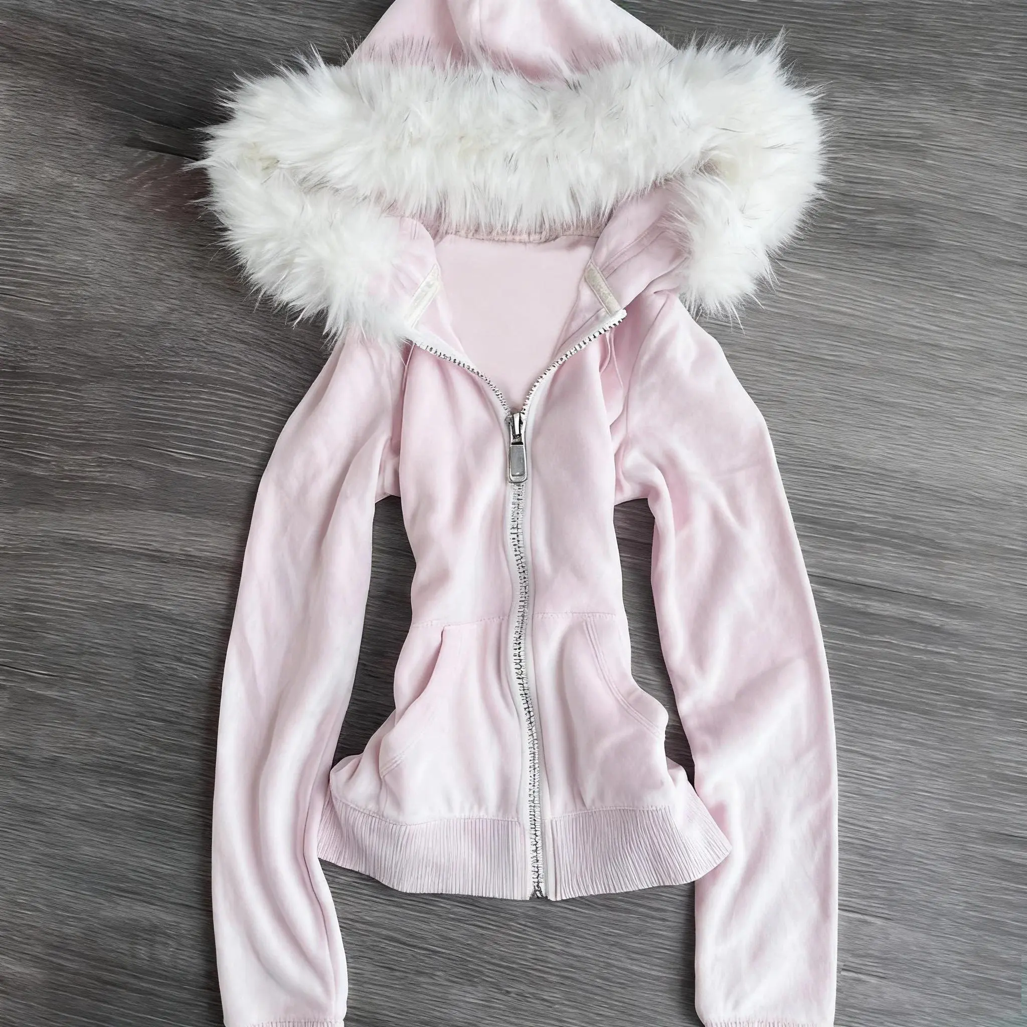 Millennial Y2K Vintage Spice Girl Slim Waist Pink Zipper Hooded Hoodie Jacket Female Autumn/Winter Design Sense Woolly Hat
