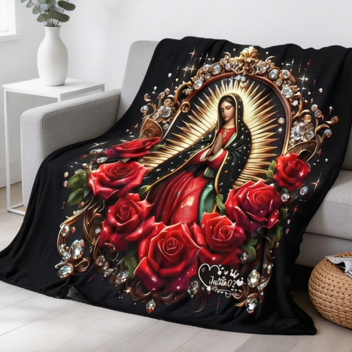 Virgin Mary Pattern Flannel Blanket, Soft Warm Cozy Throw Blanket for Home Office Travel, Air-Conditioned Room Nap Blanket, Perfect Gift