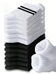 12 Pairs Women's Striped Mid-Calf Socks, Two Bars College Style, Casual Sports Socks, Comfortable Soft, Daily Wear, Sporty Leisure