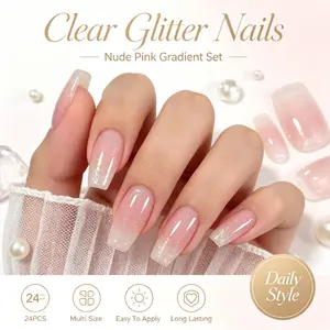 24pcs Nude Fine Gold French Nail Tips, Soft Diamond Gradient Manicure, Luxurious Finish, Medium Square Shape