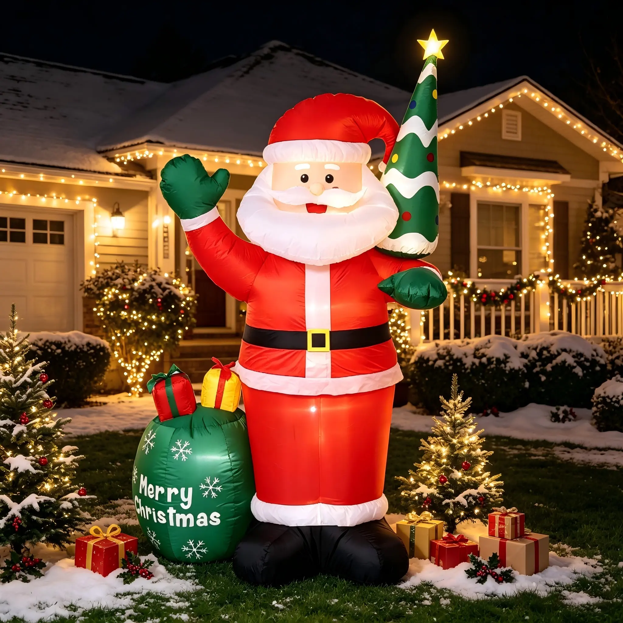 2.4m LED Inflatable Santa Claus with Gift Tree, Outdoor Garden Decor, Quick Inflate with Fan, Waterproof Polyester, Perfect for Holiday Parties