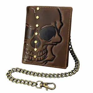 Men Real Leather Skull Chain Wallet Rivet Card Holder For Motorcycle Biker