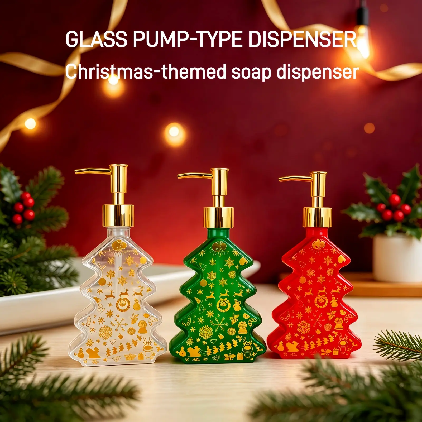 Christmas Tree Glass Soap Dispenser, 300ML Reusable Lotion Bottle, Pump, Bathroom Kitchen Travel Gift, Holiday Decor