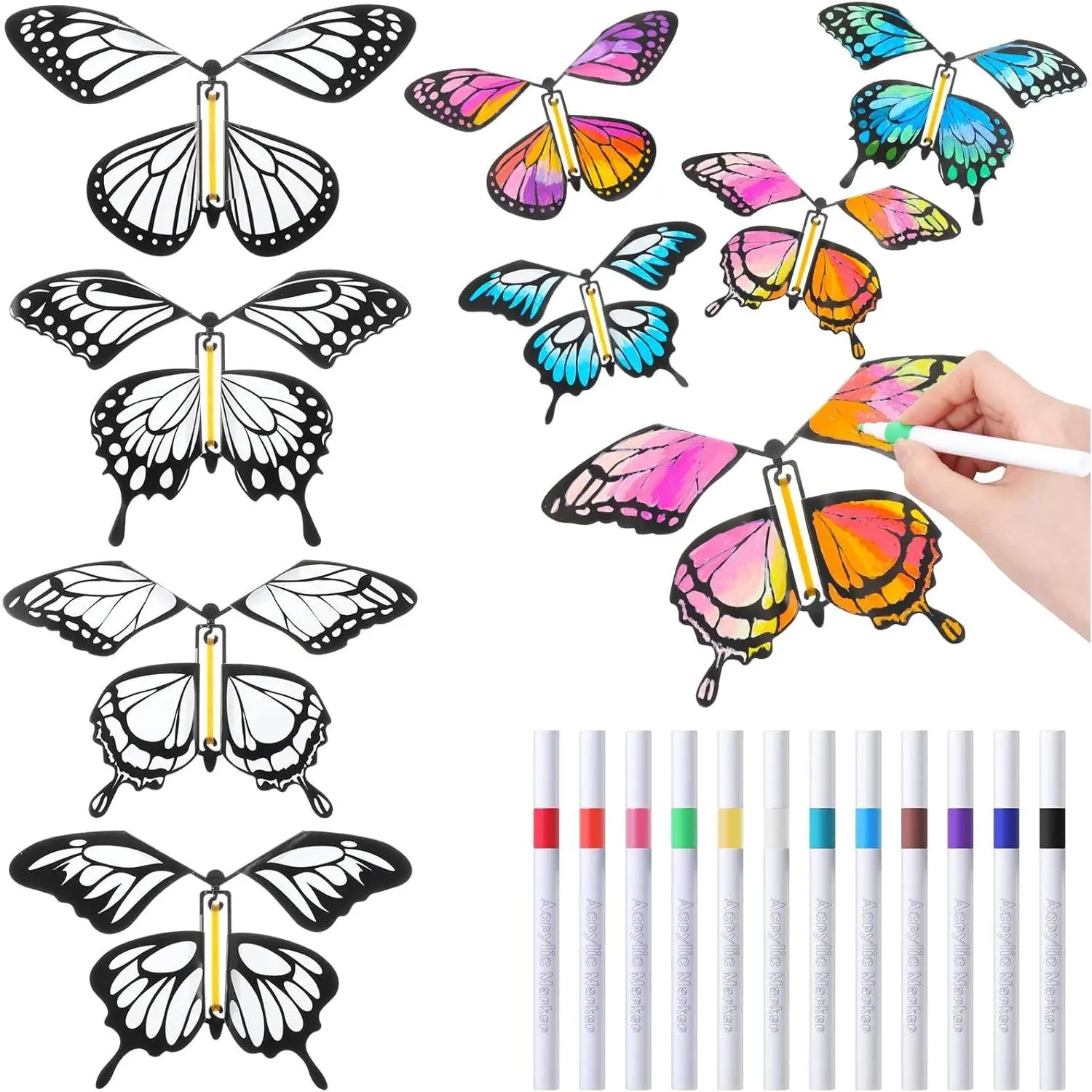 Seenelling 44 Pcs Flying Butterfly Craft Kit with 32 Wind up Butterflies and 12 Color Pens People Painting White Paper Butterflies DIY Toy for Party Game School Activity Birthday Gift (Style 3)