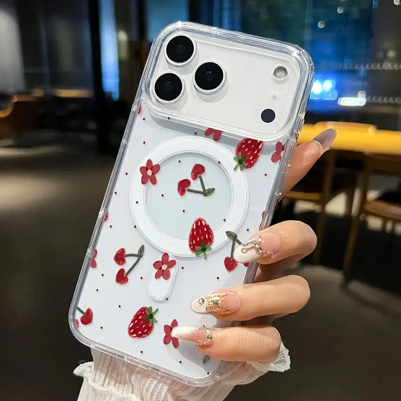 Clear Magnetic Phone Case for iPhone 17 16  Pro Max Plus 15 14 13 12 11 Air E Strawberry Floral Dream Pattern Acrylic Hard Back Soft Silicone Edge Bumper Sockproof Cover Protective Wireless Shockproof Transparent Casing