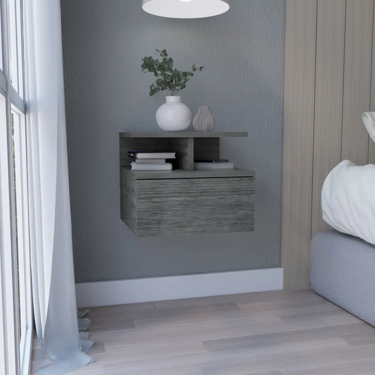 Floating Nightstand 12"H, Wall Mounted with Single Drawer and 2-Tier Shelf, Smokey Oak