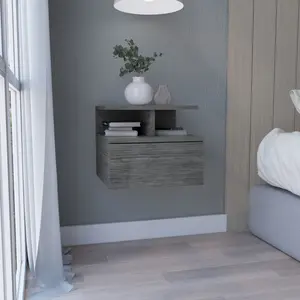Floating Nightstand 12"H, Wall Mounted with Single Drawer and 2-Tier Shelf, Smokey Oak