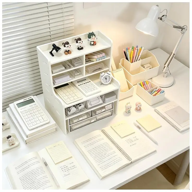 1pc Multi-Layer Desktop Storage Organizer Shelf, Multi-Compartment Tabletop Caddy, Space Saving Desk Display Rack for Stationery, Books, Makeup Brushes, Cosmetics, Dorm Bedroom Office Use