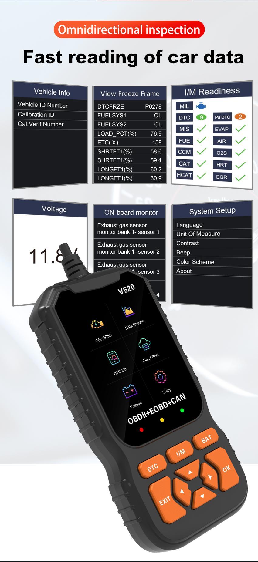 Multilingual automotive OBD2 scanner code reader, professional V520 diagnostic tool, real-time data OBD2 fault detector