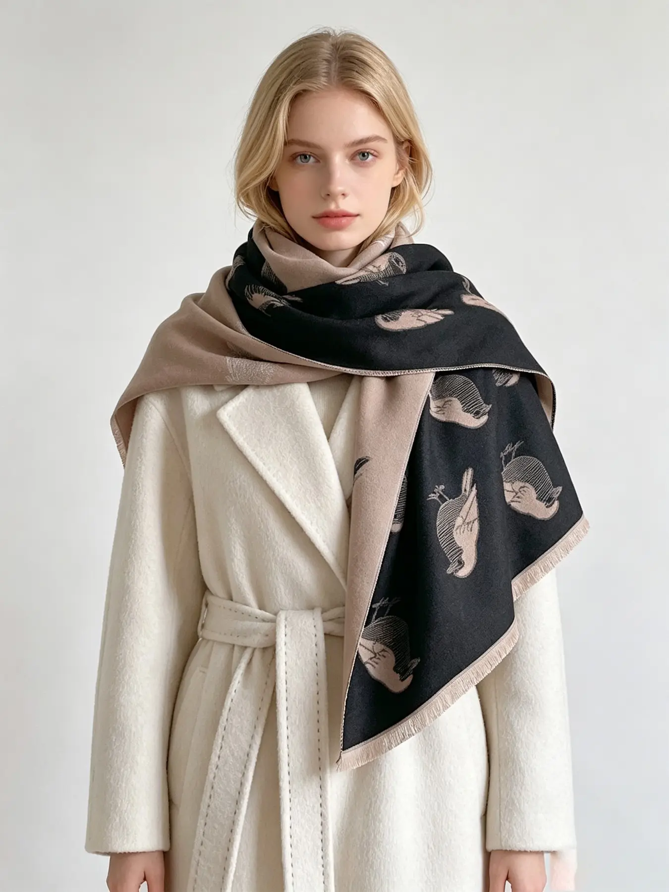 Soft Cashmere Feel Reversible Blanket Scarf, & Camel Bird Print Shawl, Warm Winter Scarf, Fashion Accessory, Christmas Gift for Women