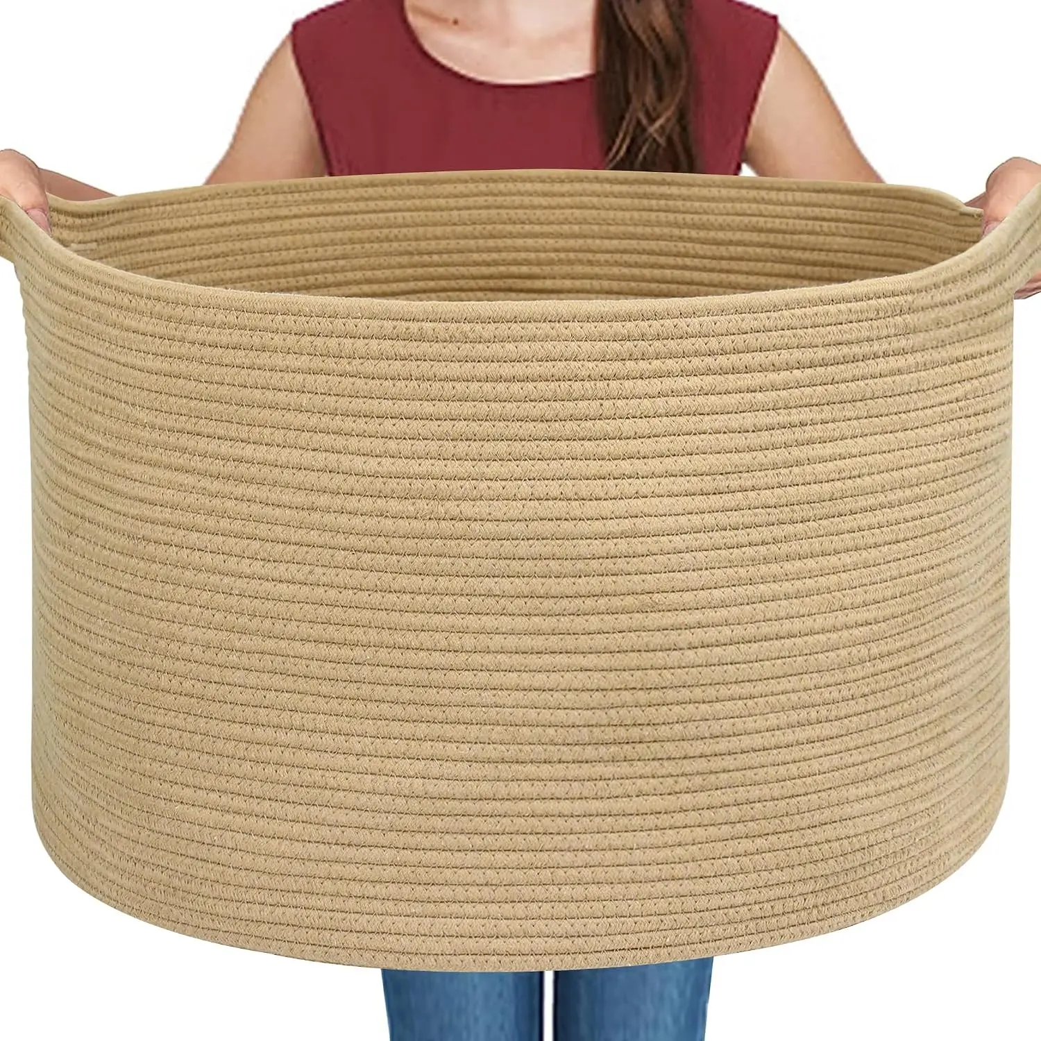 Extra Large Cotton Rope Storage Basket with Handles (22" X 22" X 14") - Stuffed Animal Organizer for Living Room, Decor, Laundry, Throw Blanket Holder, Soft Indoor Storage Bin