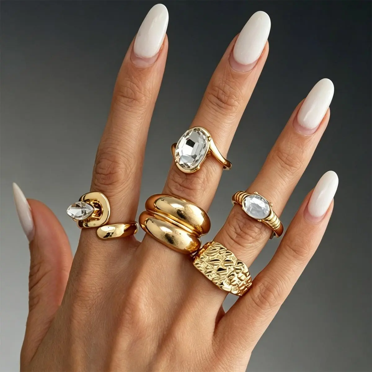 Main Character Energy 5 Pcs Chunky Gold Ring Set with Crystal Clear Stones Baddie Y2K Viral Effortless Glamour Women Statement Jewelry Daily Wear Party Outing Gift
