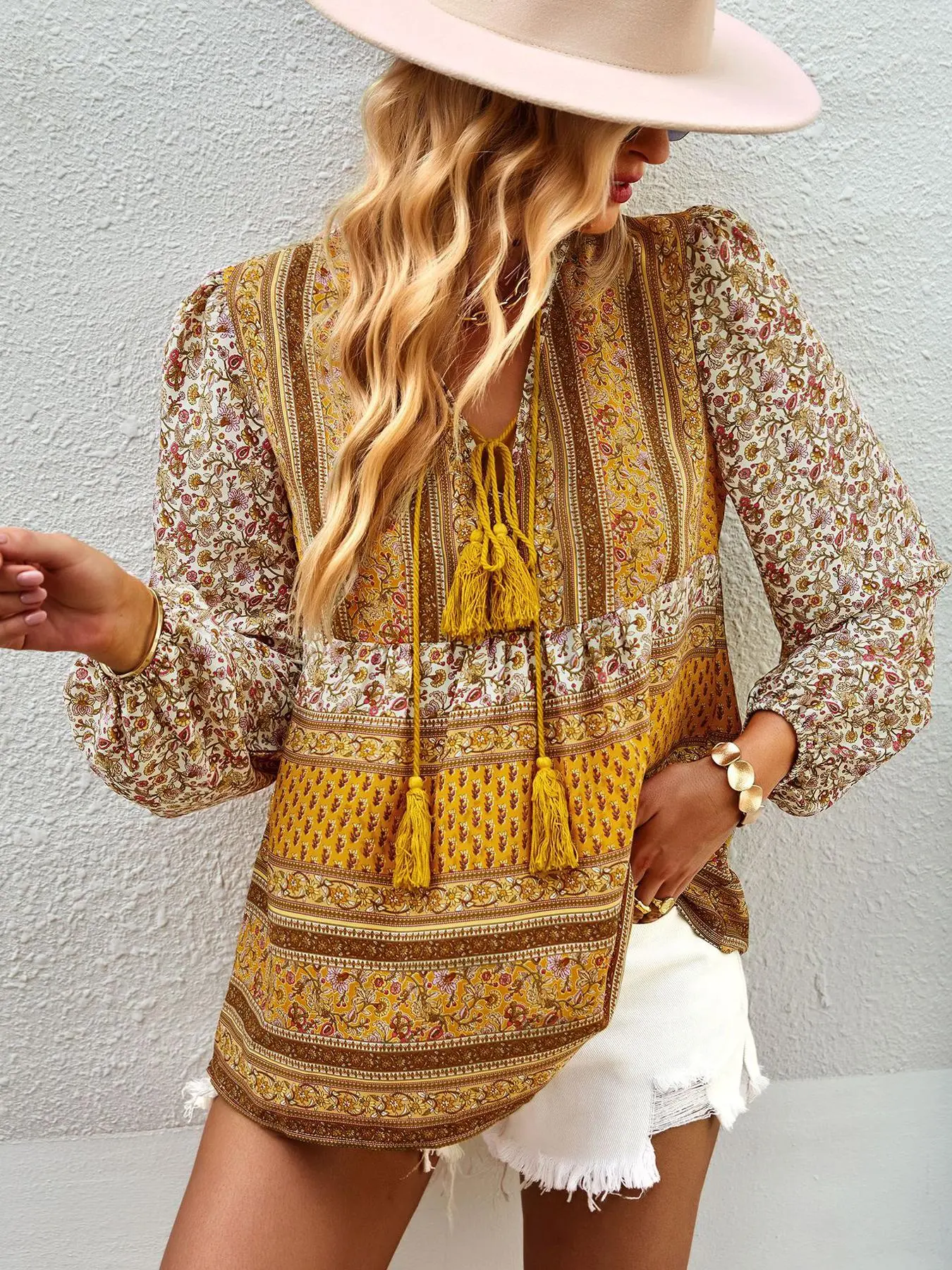 Women's Ethnic Patchwork Floral Print Tie Neck Loose Blouse, Bohemian Boho Bishop Sleeve Top for Fall & Winter, Women's Clothes for Daily Wear