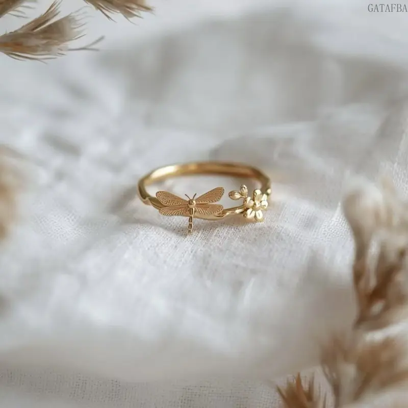 Trendy Minimalist Summer Dragonfly Flower Ring Gold Plated Tiny Pinky Ring Women Versatile Stackable Daily Beach Casual Jewelry Gift