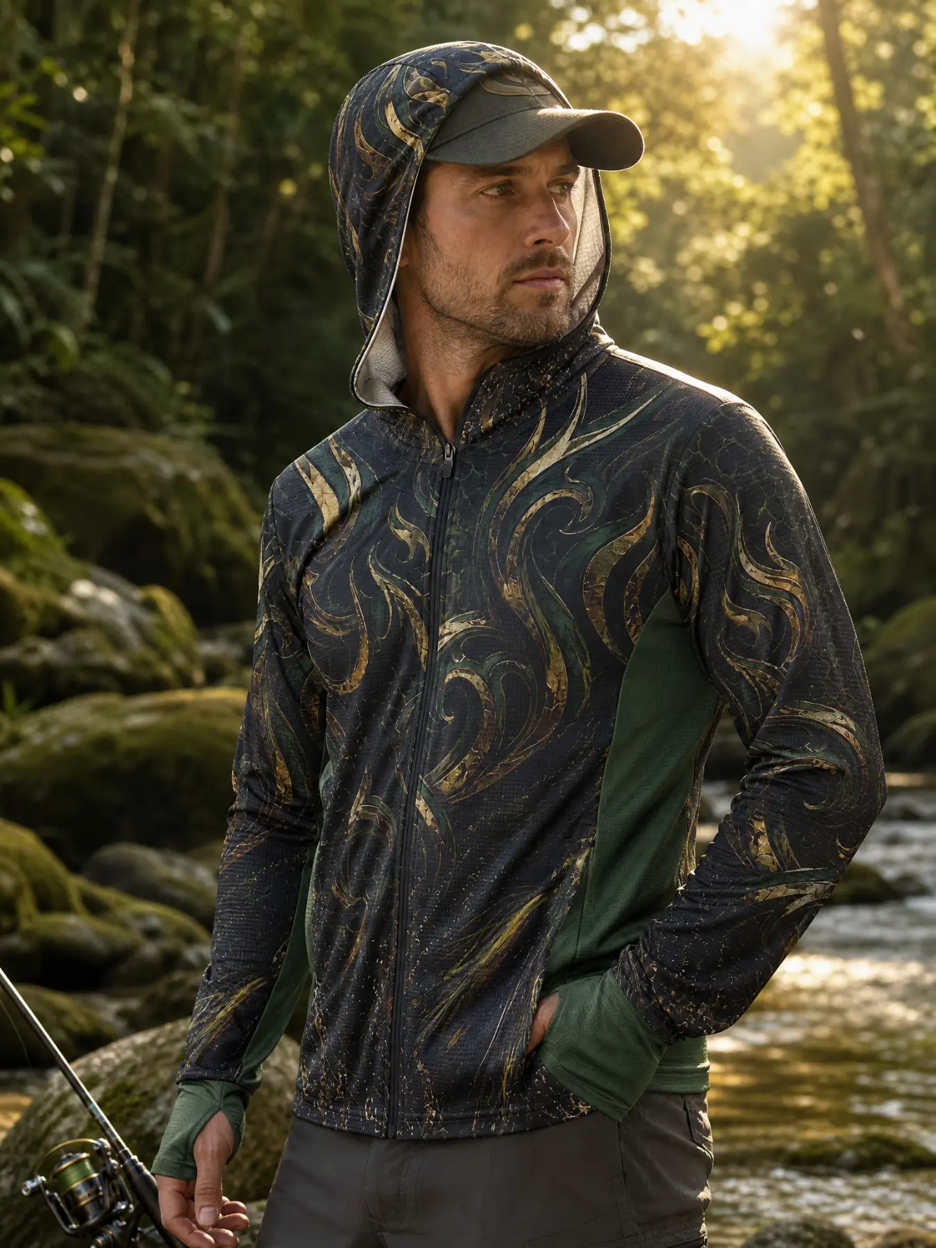 Deep Camo Sun Suit Jacket, Lightweight Quick-Dry UV Protection, Long Sleeve Performance Coat for Fishing & Outdoor Activities