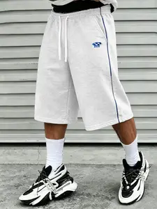 Men's Knee-Length Athletic Shorts With Blue Side Stripes, Minimal Small Logo Loose Casual Five-Point Pants With Elastic Drawstring Waist, Suitable For Sports, Street And Daily Casual Outfits