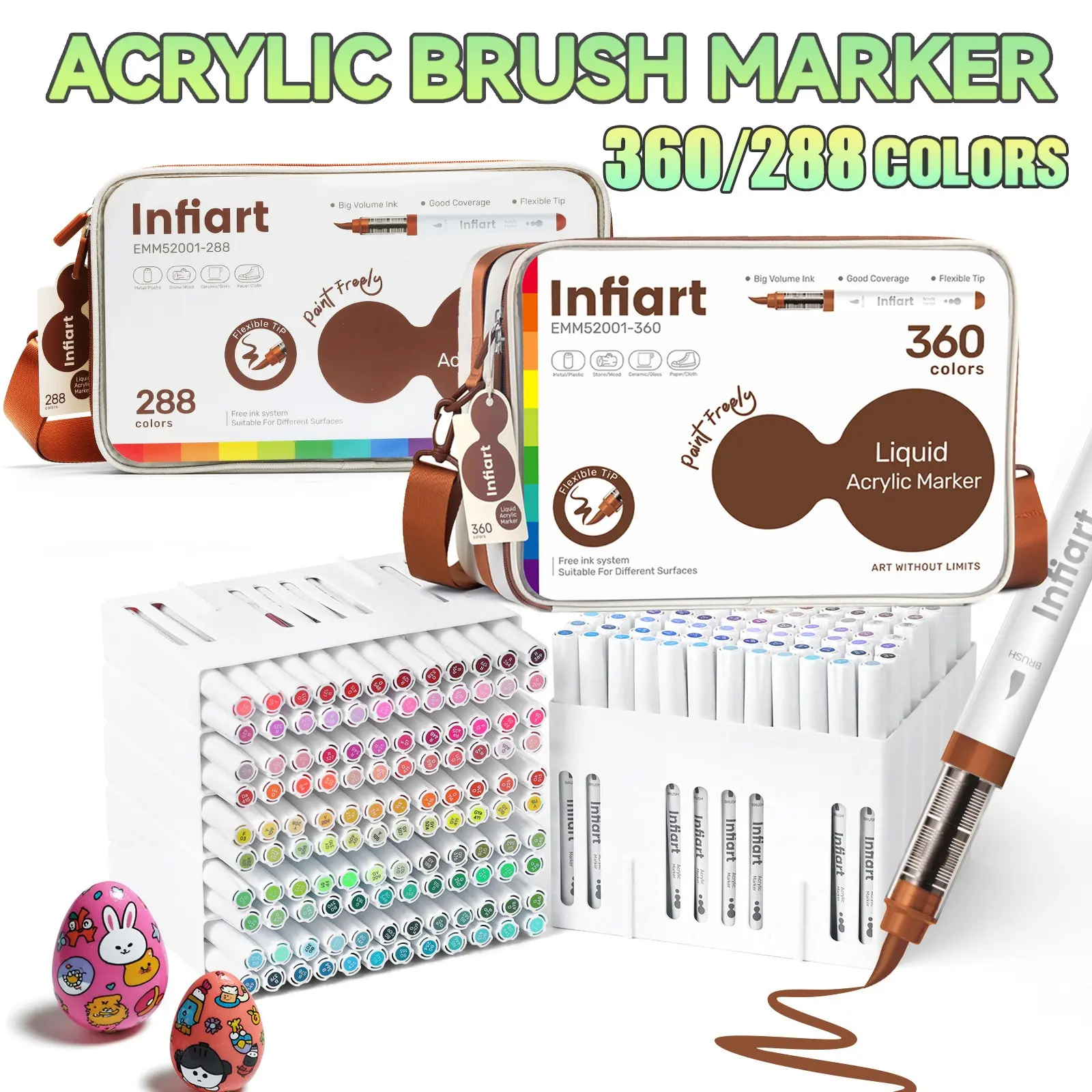 Infiart 360/288 Color Acrylic Markers, Drawing Markers, Professional Quality, Rich Ink, Scratch-Resistant, Waterproof, Ideal for Beginners, Large Pack with Storage Box