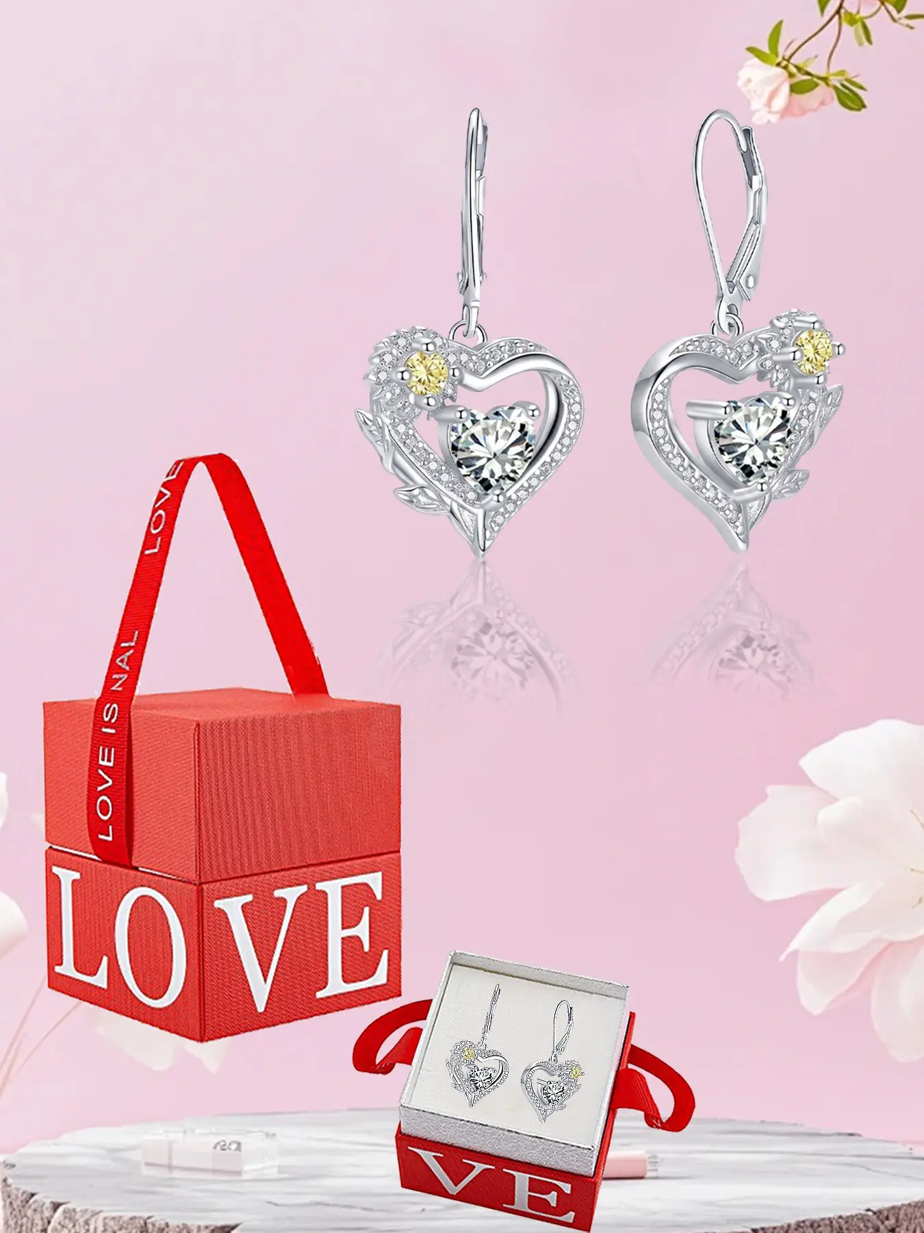 Heart Rose Zircon Birthstone Pendant Earrings, 12th Month Birthstone Heart Ear Ring, Gift Box Included, Perfect for Wife, Mom, Girlfriend