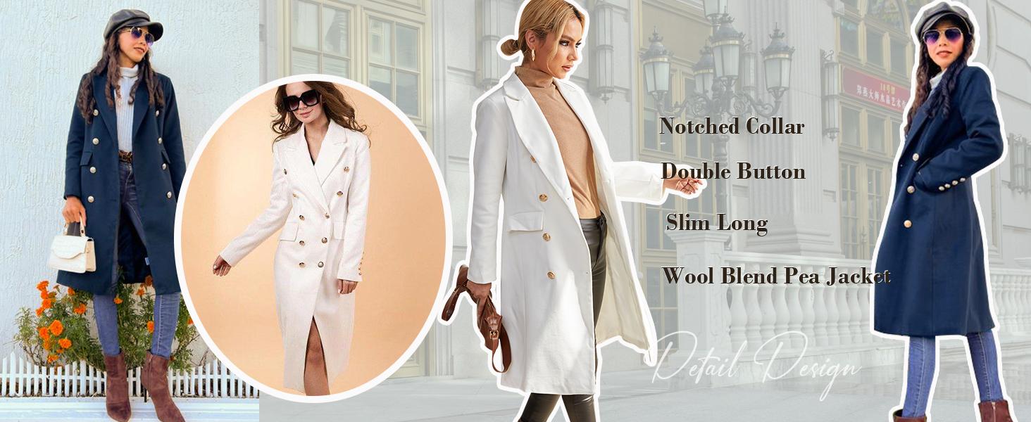 FMEYOA Women's Elegant Notched Collar Double Button Slim Long Wool Blend Pea Coat Jacket