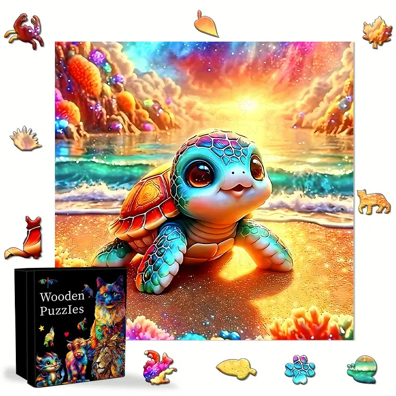 Cute Turtle Seaside Scenery Wooden Puzzle, Family Interactive Toy, Irregular Animal Design, Decorative Art, Adult Gift, Halloween Christmas Present