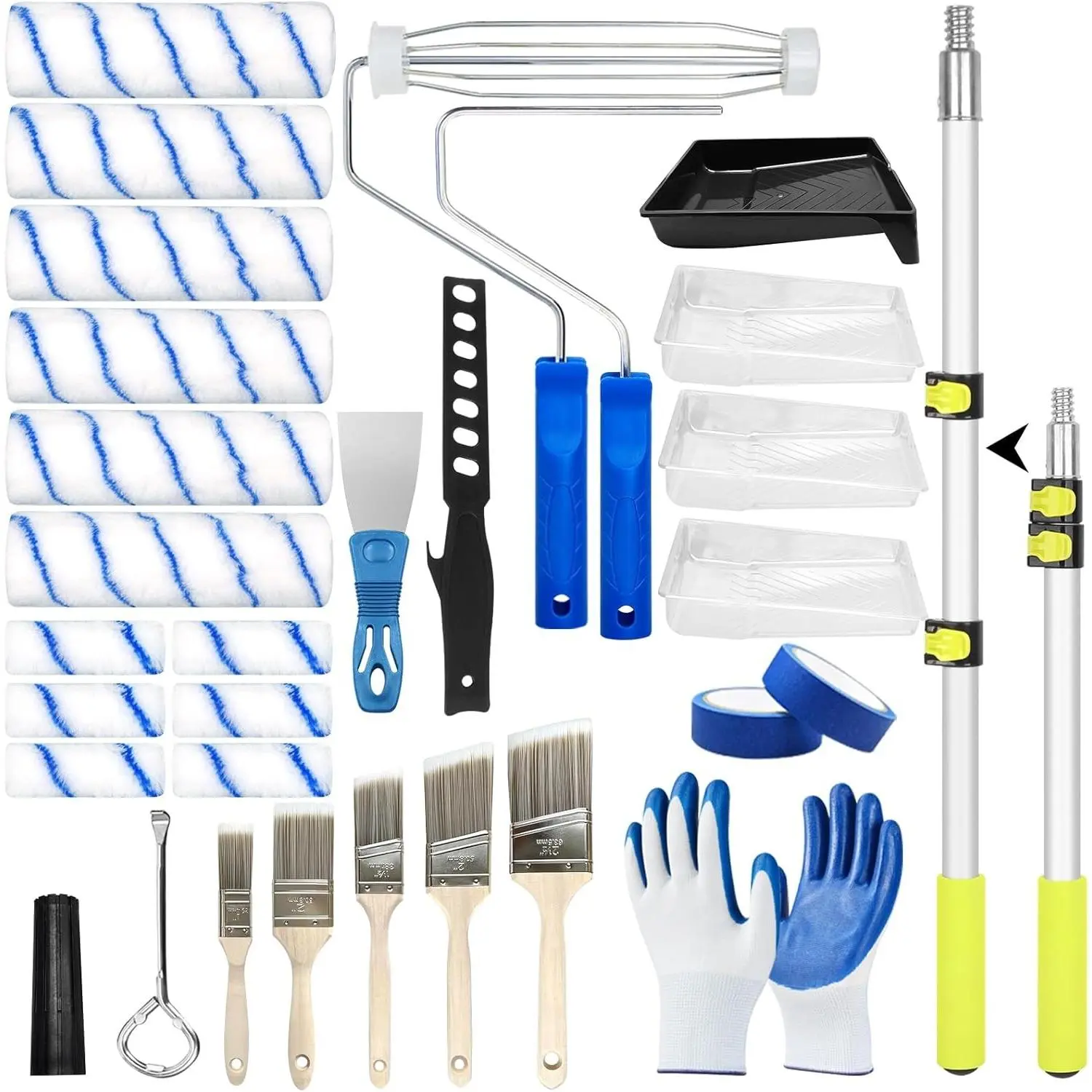 31 PCS Paint Roller Kit with Extension Pole 2 to 4 Ft, 9" 4" Paint Rollers Covers Frame Tray Painters Tape Professional Long Handle Paint Brush Roller Set for Painting Walls House Corner Stain Concrete