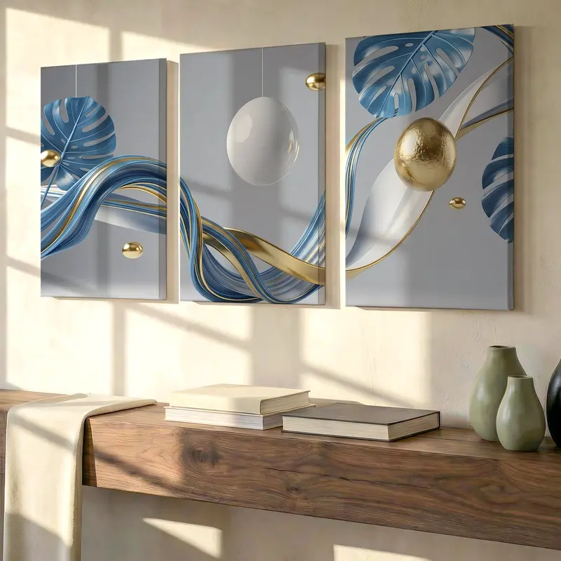 3-Piece Large Modern Abstract Blue Gold Wall Art Prints - Decorative Abstract Art Decor for Bedroom Indoor Home Use, Indoor Use