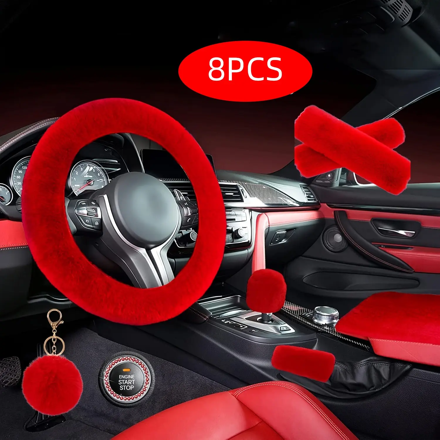 8-Piece Winter Thick Plush Car Interior Set, Steering Wheel Cover, Gear Shift Cover, Handbrake Cover, Ball Ornament, Multi-Color, Various Models, Car Interior Accessories