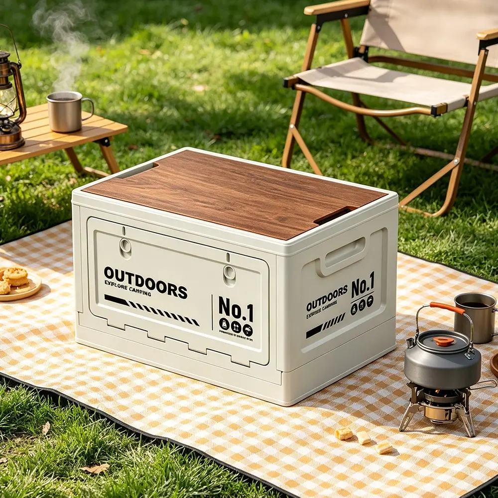 Large Capacity Outdoor Camping Storage Box, Foldable Wooden Lid, Ideal for Camping and Home Storage, Durable PP Material