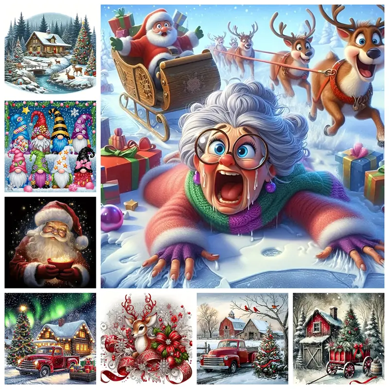5D Full Drill Acrylic Diamond Painting Kit, Christmas Themed Rhinestone Mosaic Set with Tools, Winter Cabin Reindeer Red Truck DIY Needlework Xmas Home Wall Decor Canvas, Santa Claus
